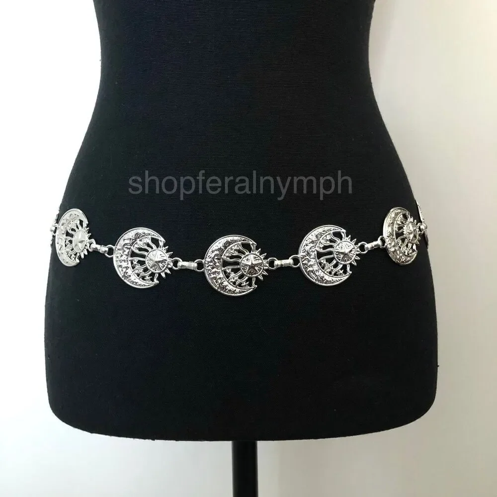 Vintage Y2K Celestial Silver Sun and Moon Chain Belt, 19.5–39 Inches, X7GA1149
